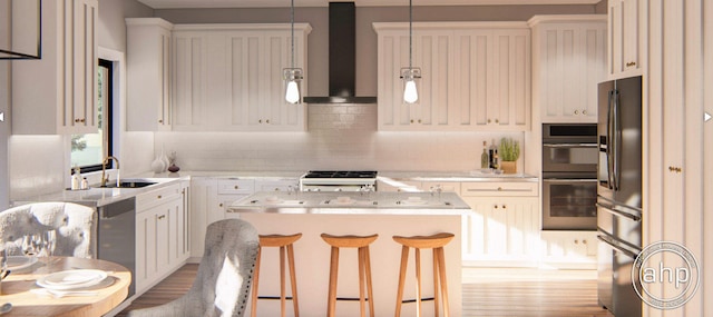 kitchen with wall chimney exhaust hood, sink, white cabinetry, and stainless steel appliances