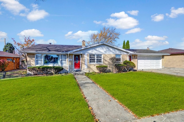 ranch-style home featuring a garage and a front lawn