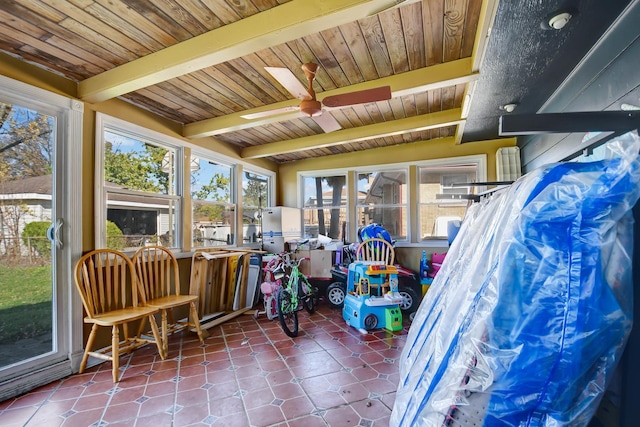 sunroom featuring beamed ceiling, ceiling fan, and wood ceiling