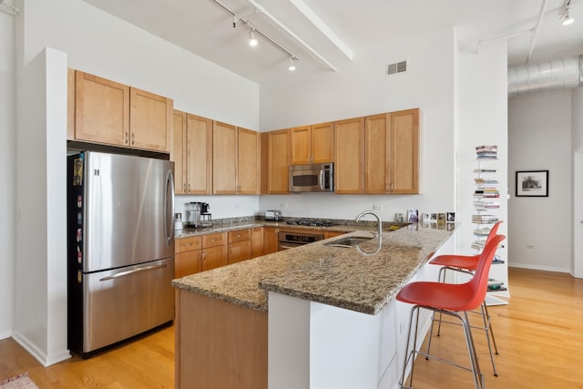 kitchen with light stone countertops, sink, kitchen peninsula, stainless steel appliances, and a breakfast bar area