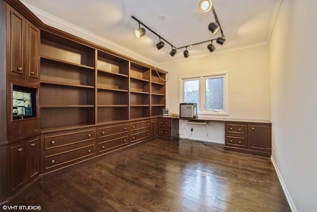 unfurnished office with ornamental molding and dark hardwood / wood-style flooring