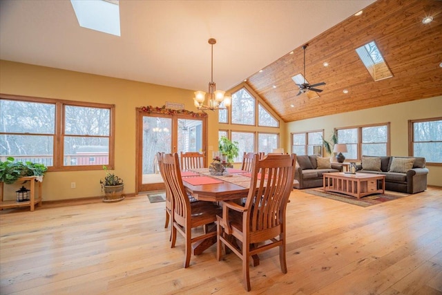 dining area with ceiling fan with notable chandelier, a skylight, and plenty of natural light