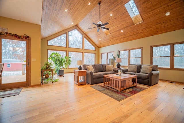 living room with a skylight, wood ceiling, ceiling fan, high vaulted ceiling, and light hardwood / wood-style flooring