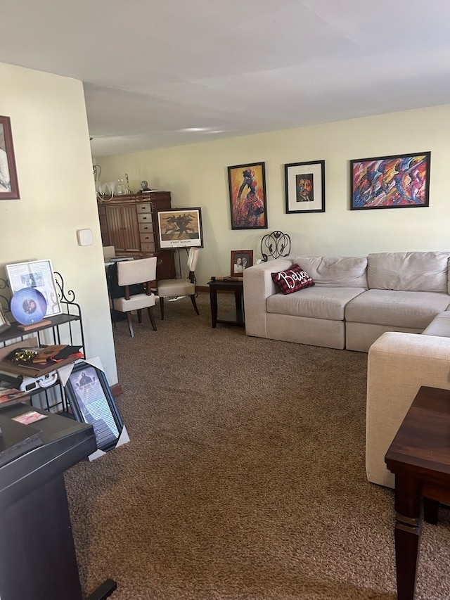 living room with dark colored carpet