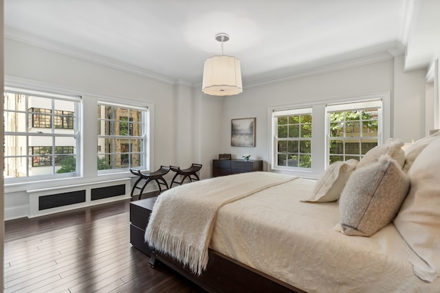 bedroom with crown molding, dark hardwood / wood-style floors, and radiator heating unit