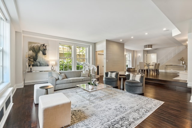 living room with dark hardwood / wood-style floors