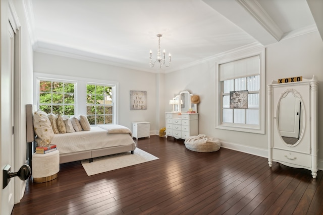 bedroom featuring crown molding, an inviting chandelier, and dark hardwood / wood-style floors