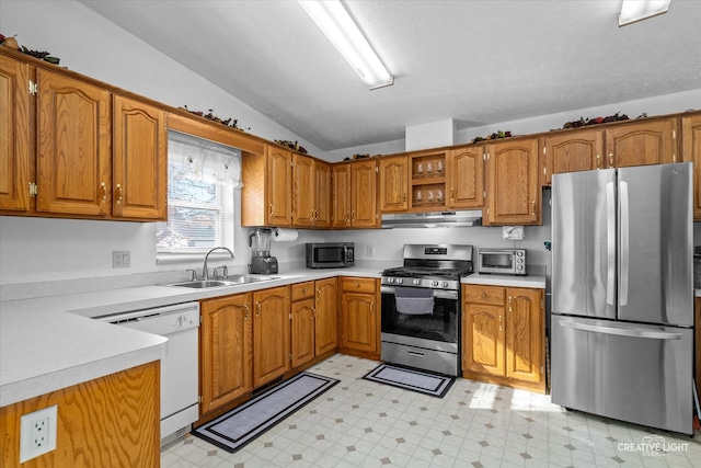 kitchen with stainless steel appliances, lofted ceiling, and sink