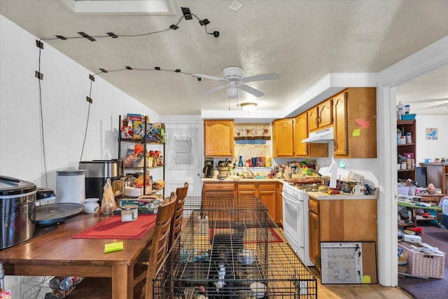 kitchen with ceiling fan, under cabinet range hood, light countertops, white gas range, and a textured ceiling