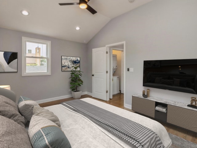 bedroom with ceiling fan, wood-type flooring, and lofted ceiling