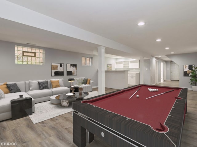 playroom with hardwood / wood-style floors and billiards