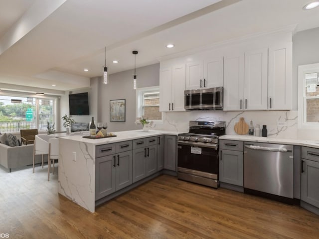 kitchen featuring appliances with stainless steel finishes, kitchen peninsula, dark hardwood / wood-style floors, and gray cabinets