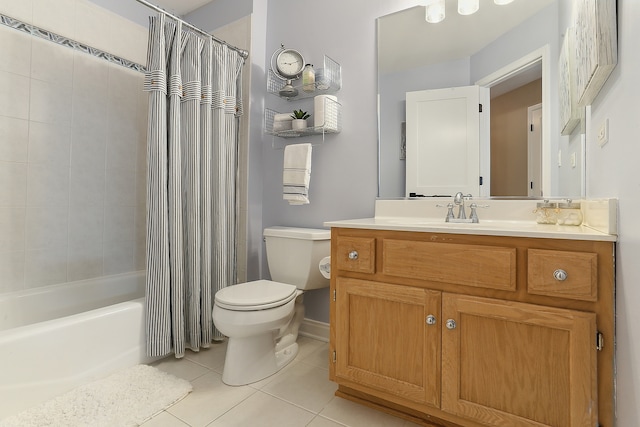 full bathroom featuring shower / bath combo with shower curtain, tile patterned flooring, vanity, and toilet