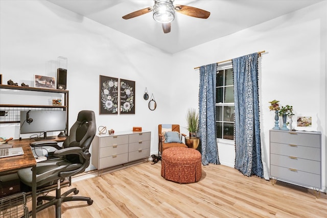 office area with ceiling fan and light wood-type flooring