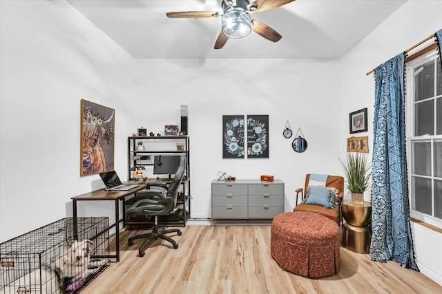 office area with ceiling fan and light hardwood / wood-style flooring