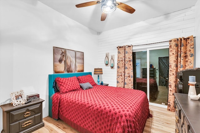 bedroom with ceiling fan and light wood-type flooring