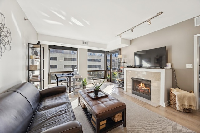 living room featuring a fireplace, light hardwood / wood-style floors, and rail lighting