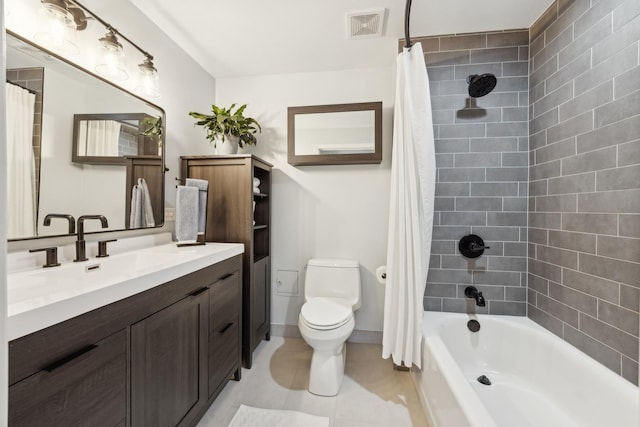 full bathroom with tile patterned flooring, vanity, toilet, and shower / bathtub combination with curtain