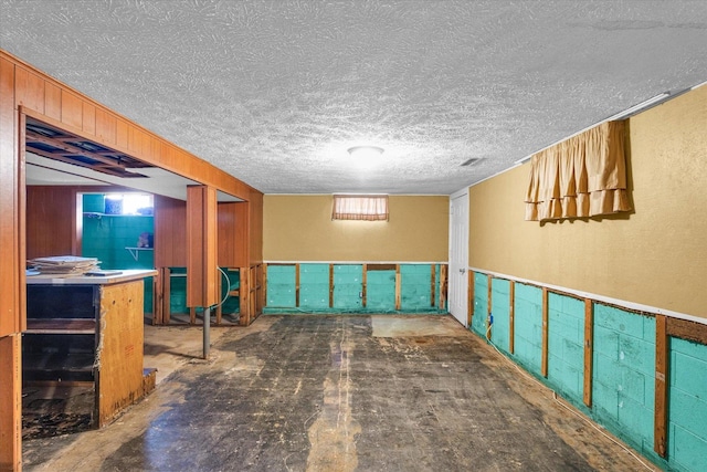 basement with a textured ceiling and wooden walls