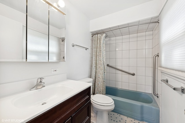 full bathroom featuring vanity, shower / bath combination with curtain, toilet, and tile patterned flooring