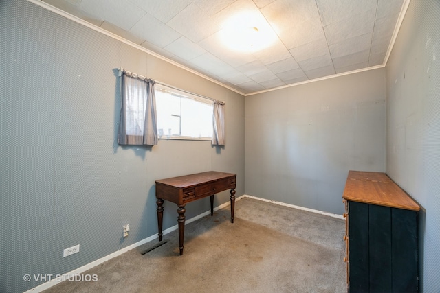 miscellaneous room with light carpet and ornamental molding