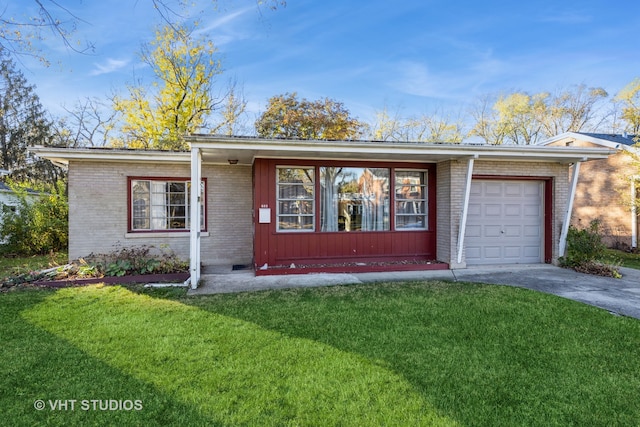 single story home with a garage and a front yard