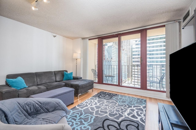 living room with light hardwood / wood-style floors and a textured ceiling