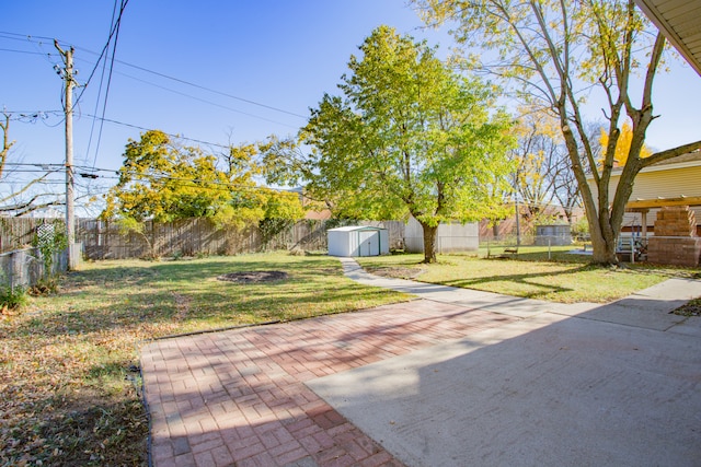 view of yard with a patio and a storage shed