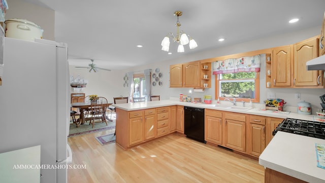 kitchen featuring white fridge, black dishwasher, plenty of natural light, and pendant lighting