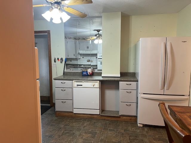 kitchen with white appliances, ceiling fan, and backsplash