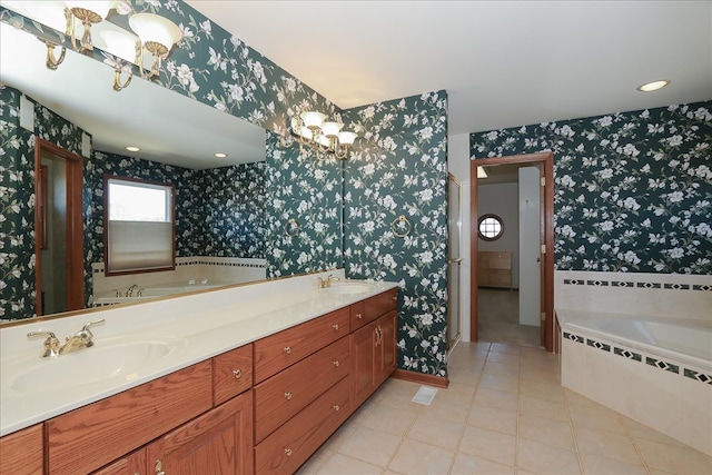 bathroom with separate shower and tub and tile patterned flooring