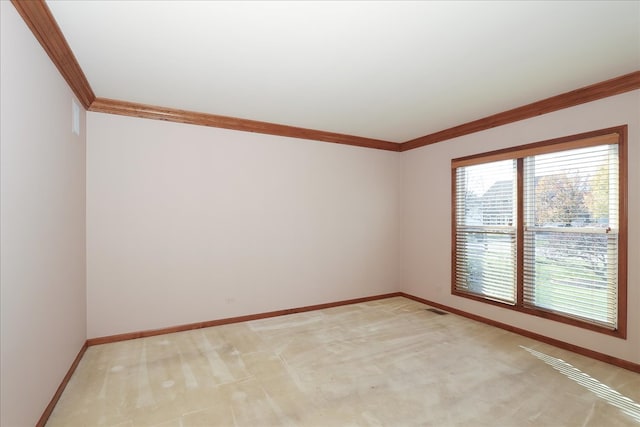 carpeted spare room featuring ornamental molding