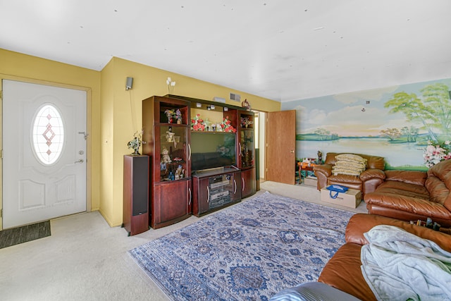 living room with light colored carpet