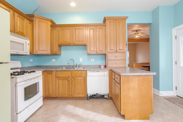 kitchen featuring ceiling fan, white appliances, and sink