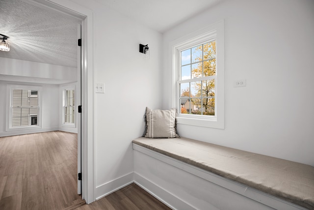 hall with a textured ceiling and dark hardwood / wood-style floors