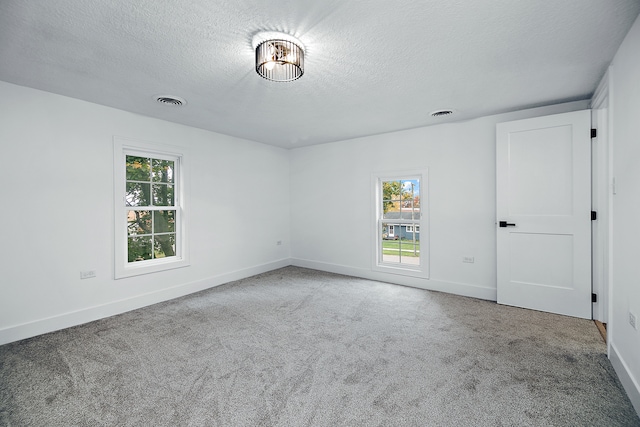 empty room featuring a textured ceiling, light colored carpet, and a healthy amount of sunlight