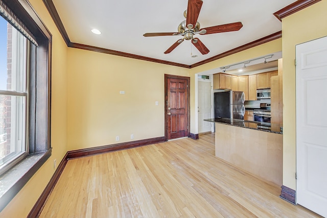 kitchen featuring ornamental molding, ceiling fan, light wood-type flooring, appliances with stainless steel finishes, and light brown cabinetry