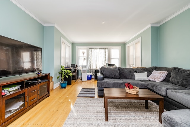 living room with light hardwood / wood-style flooring and ornamental molding