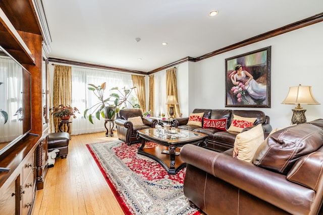 living room with crown molding, light hardwood / wood-style flooring, and plenty of natural light