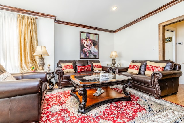 living room featuring ornamental molding and hardwood / wood-style flooring