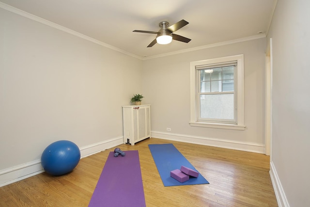 exercise room with ornamental molding, baseboards, and wood finished floors