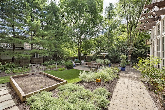 view of yard featuring a patio area, a garden, and fence