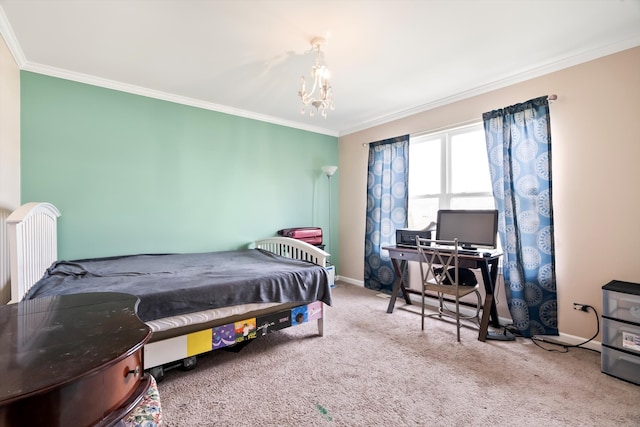 carpeted bedroom featuring crown molding and a notable chandelier