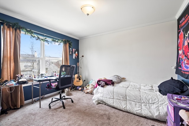 bedroom featuring light colored carpet and ornamental molding