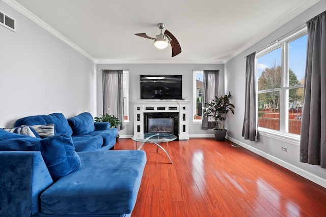 living room with wood-type flooring, ceiling fan, and ornamental molding