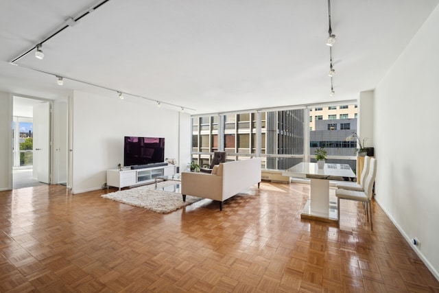 living room featuring rail lighting and light parquet floors