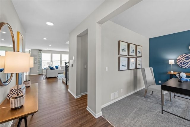 office area with dark hardwood / wood-style floors