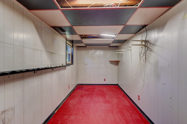 basement featuring wood walls and carpet flooring