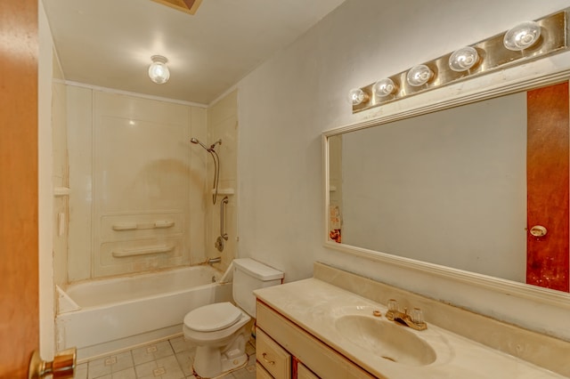 full bathroom featuring vanity, bathing tub / shower combination, and toilet