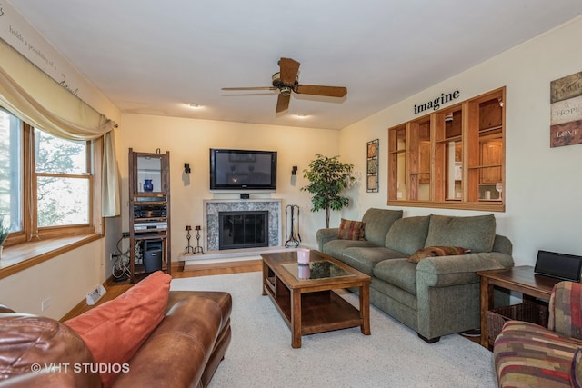 living room featuring ceiling fan